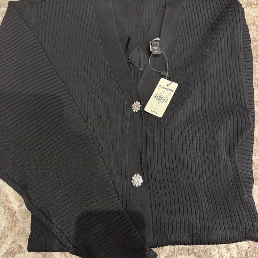 Express Black Ribbed V-Neck Dress with Rhinestone Button - Picture 3 of 7